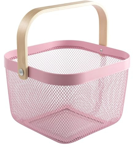 Suixtil Mesh Stahl Aufbewahrungskorb mit hölzernen Griff, Multifunktionale Draht hängenden Küche Korb Obst Korb, Küche, Bad, Speisekammer, Schrank Lagerung(Rosa)
