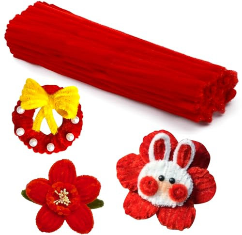 Bamru 60 Stück rote Pfeifenreiniger, Weihnachtsbastel-Pfeifenreiniger, Pfeifenreiniger mit Chenille-Stiel, Kunst-Pfeifenreiniger für kreative Heimdekorationsbedarf, Kunst- und Bastelprojekte