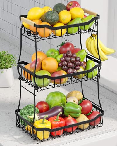 Sakugi Fruit Basket for Kitchen Counter - 3 Tier Detachable Fruit Vegetable Basket with Banana Hanger, Metal Countertop Fruit Stand with Wooden Handle, Black, 8.1 D x 12.4 W x 18.7 H