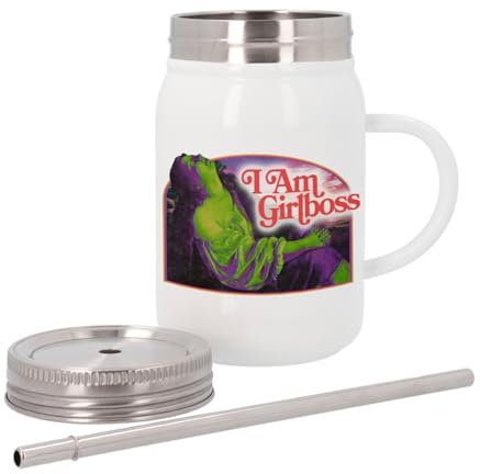 Mug Isotherme en Inox avec Couvercle et Paille - I am Girlboss Girl Boss Collage Vintage Illustration Art Humour Parodie Meme Humour - 500 ml - Tasse Thermo