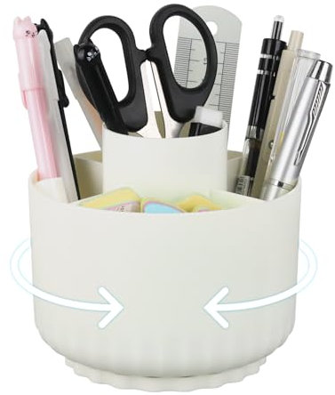Prmape Organisateur de Bureau Rotatif à 360, 11 x 12 cm Pot a Crayon Rangement avec 5 Compartiments, Porte Stylo Bureau Enfant Blanc pour Papeterie, Maquillage, Arts et Artisanat
