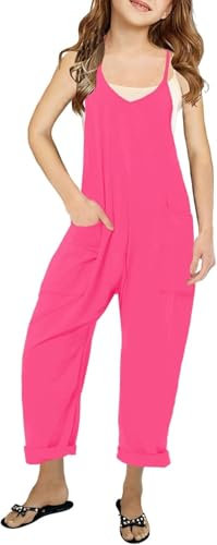 Haloumoning Mädchen Ärmellose Jumpsuits Spaghetti Strap Freizeit Baumwolle Overalls Kinder Sommer Lose Romper Hosen mit Taschen, Rosenrot, 9-10 Jahre