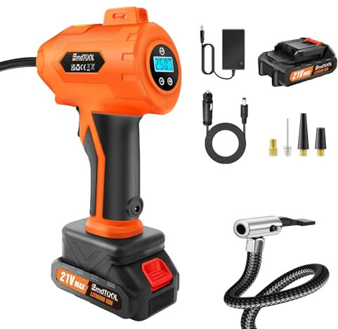 Tyre Inflator Portable Air Compressor, Cordless Tyre Pump for Cars Motorcycles Bicycles with Digital Pressure Gauge Lithium Battery and 12V DC Cable 180PSI, with LED Light & 3 Nozzle Adaptors