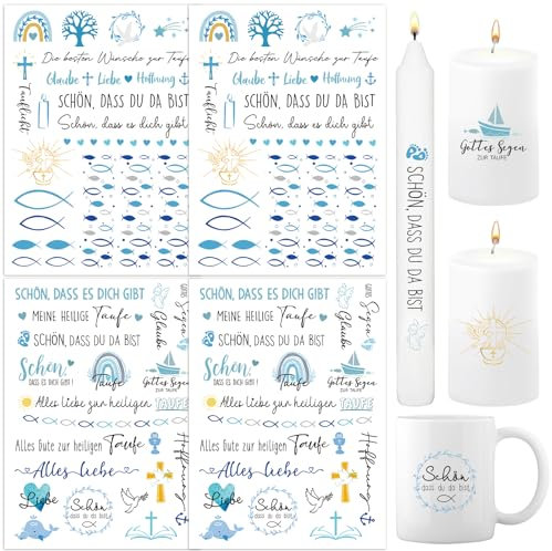 BOOMTOP 4x Kerzen Tattoos Folie Taufe Kerzentattoo Kerzenfolie Rub On Sticker Zur Taufe Kerzen Aufkleber Fisch Taufkerze Kommunion Sprüche Sticker Blau Kerzensticker für Stabkerze Kerzen Tasse