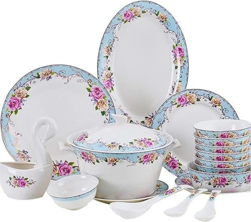Geschirrset, Geschirrservice, Geschirrset aus Knochenporzellan mit Blumendekoration, Geschirr/Teller/Schüssel, Tafelservice aus Keramik, 62-teilig, for 10 Personen(A60 Pieces Serve 10 People)