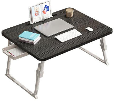 Foldable Table Tray Bedside Laptop Table Home Bed Simple Desk Folding Mobile,Foldable Overbed Table Laptop Desk with Bookcase, Drawer, Card Slot and Cup Holder, Height Adjustment Over Bed Ta