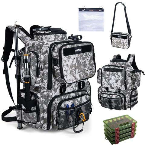 Goture Angelrucksack mit 4 Köderbox Angeln, 58-Liter Angelzubehör-Rucksack mit abnehmbarer Umhängetasche &2 Rutenhaltern, 900D Wasserabweisend, Regenschutz, Großer Stauraum für Outdoor Camping Wandern