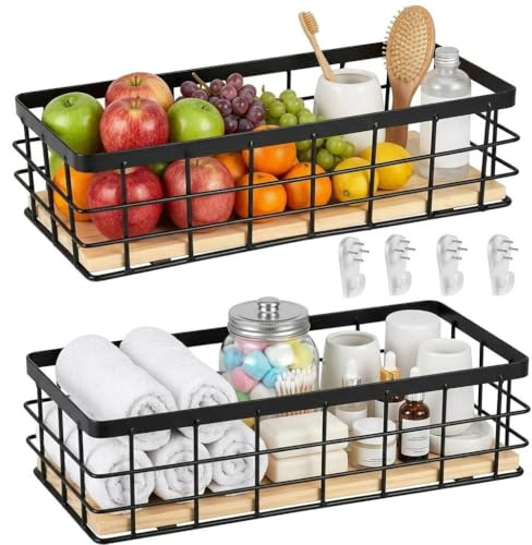 Drahtkorb,Metallkorb Schwarz Dekokörbe Haushalt Wandkorb Metall Badezimmer Aufbewahrungskorb Korb Metall Abnehmbarer Holzsockel für Obst Snacks Küche Speisekammer(2 Stück),29x13x10 cm