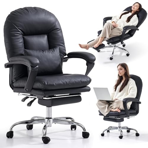 EMIAH Chaise de Bureau Ergonomique avec Repose-Pieds, Cuir Véritable, Noir | Fauteuil de Bureau Inclinable,Siège Pivotant Bureau Confortable avec roulettes, Chaise d'ordinateur Mi-Dossier pour la Maison