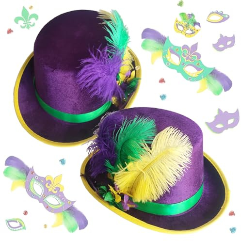 YaYuanSun 2 Stück Karneval Zylinder Hut mit Feder Kostüm Zubehör Lila Hüte für Damen und Herren Karneval Geburtstag Maskerade New Orleans Karneval Party Kostüm