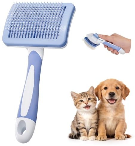 Diboniur Katzenbürste Hundebürste Selbstreinigend, Lang-und Kurzhaar, Blau | Reinigung per Knopfdruck, Entfernt lose Haare und kleine Knoten, Selbstreinigende Bürste für Katzen, Hunde und Kaninchen