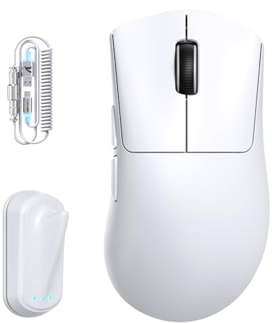 ATTACK SHARK V8 Ratón de Juego Inalámbrico con Cable Espiral LED, Nordic 54L15 Chip, PAW3950MAX, 42000DPI, Dual 8000Hz, 59g Ligero, Diseño Dongle Aleta de Tiburón, 2.4Ghz/BT/Cableado para PC, Blanco