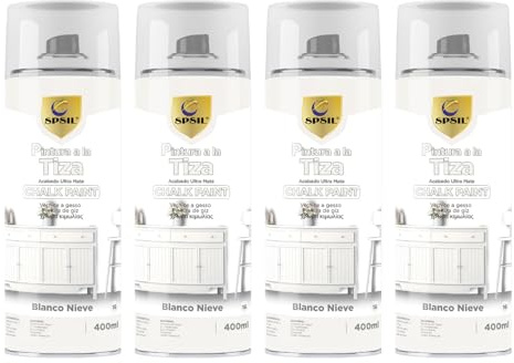 SPSIL Chalk Paint Spray Blanco Nieve (4 Pcs) 400ml Pintura en Spray Ultra Mate a la Tiza,Efecto Retro y Vintage para Muebles de Madera, Metal, Cerámica,Imprimación en Spray