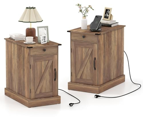 COSTWAY Table de Chevet avec Prise Lot de, Table de Nuit Connectée avec Tiroir, Placard à Étagere Réglable, Plateau Tasse Amovible, 2 Prises, 2 Ports de Charge, Compartiment Caché (2,Marron Rustique)