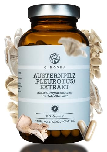 QIDOSHA® Austernpilz (Pleurotus) Extrakt, 120 Kapseln im Apothekerglas, 30% Polysaccharide, 10% Beta-Glucane, jede Charge laborgeprüft, deutsche Fertigung