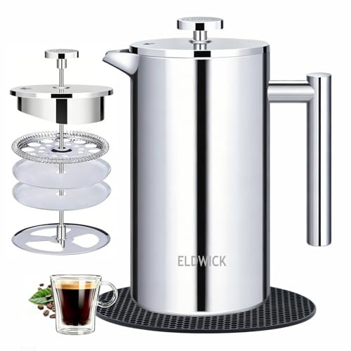 ELDWICK Cafetiere 1 Cup, 350ml French Press Coffee Maker with Color Silver | Double Wall Insulated,304 Stainless Steel,Heat Resistant Mat,Coffee Press with 4 Layer Filter,for Home,Office and Travel