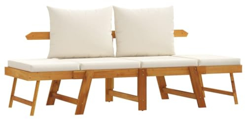 QJBSAVVA 2-in-1 Gartenbank aus Akazienholz Massiv, Gartensofa mit Kissen umwandelbar zum Tagesbett, Sonnenliege mit verstellbaren Seitenteilen für Terrasse und Balkon, 160-205 cm Breit