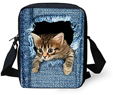 Coloranimal Bedruckte Umhängetasche aus Denim mit Hunde- oder Katzenmotiv, Pet Pattern-1, S, schultertasche
