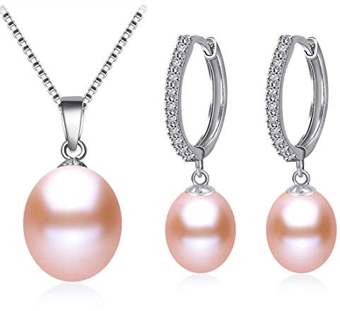 Kim Johanson Damen Perlen Schmuckset *Susi* aus 925 Sterling Silber mit echten Rosa Süßwasser Perlen Halskette & Ohrringe inkl. Schmuckbeutel