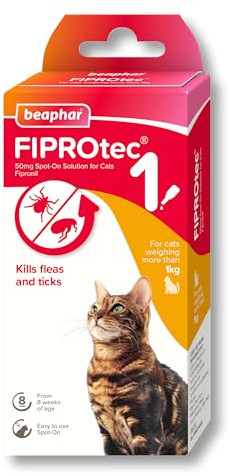 Beaphar - FIPROtec Spot-On Flea & Tick Treatment for Cats - 1 Pipette - Kills Fleas & Ticks - Veterinary Medicine - Easy to Apply Monthly - For Cats & Kittens from 8 Weeks Old, Weighing Over 1kg