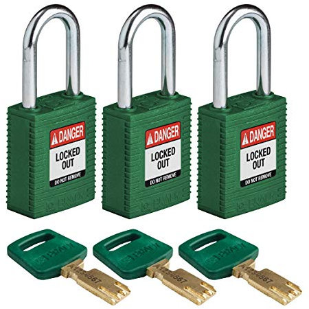 SafeKey Candado de nailon y acero, 38 mm x 84 mm x 19 mm, verde, paquete de 3
