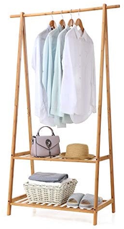 Finnhomy Bamboo Clothes Rack Portable Extra Large Garment Rack 2-Tire Storage Box Shelves for Entryway and Bed Room