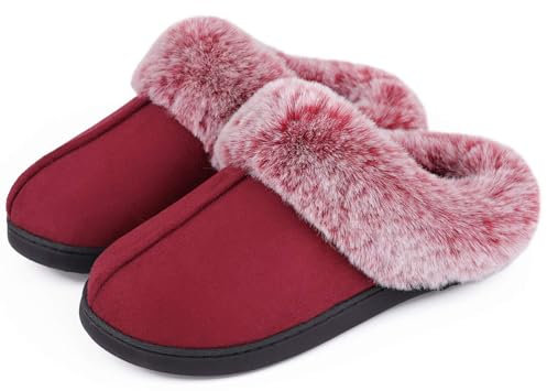 VeraCosy Women's Classic Suede Memory Foam Slippers Anti-Skid Scuff with Warm Faux Fur Collar, Wine Red, 9/10 UK