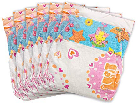 Heless 6375 - Puppenwindeln, 6 Stück, am Bund bedruckt mit farbenfrohen Kindermotiven, wiederverwendbarer Klettverschluss, Größe 28 - 35 cm