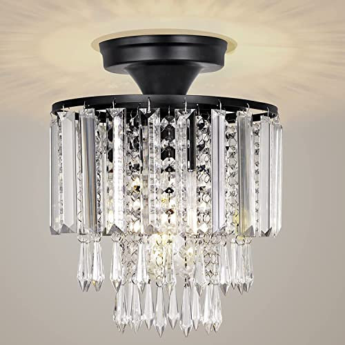 Frideko Black Flush Ceiling Light - Ceiling Lights Living Room, Semi-Flush Crystal Chandelier Light Fitting Ceilings for Bedroom, Kitchen, and Hallway