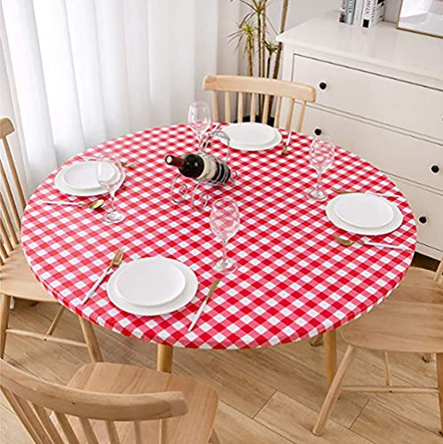 Cozomiz Elastische Runde Tischdecke Gartentischdecke Rundtischdecke wasserdichte rutschfeste Abwischbar Schmutzabweisend Tischdecke für Esszimmer, Küche und Picknick 114-140cm Kattun Rot