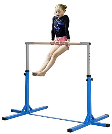 HOMCOM Gymnastics Bar, Height Adjustable Gymnastics Horizontal Bar for Kids, Home Gym Training Children Junior Kip High Bar Fitness, Blue