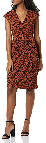 Amazon Essentials Women's Classic Cap Sleeve Wrap Dress (Available in Plus Sizes), Brown Floral Print, XL