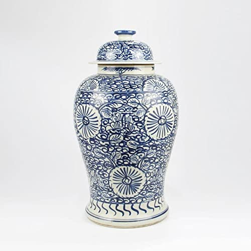 Fine Asianliving Pot à Gingembre Chinois Bleu Blanc Porcelaine Peint À La Main D27xH47cm Chinois Vase avec Couvercle Asiatique Jingdezhen Mandarin Décorative
