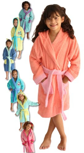 LEBENGOOD - Peignoir Filles Coton: Fille, Enfant - 100% Coton OEKO-TEX® - 2 Poches, Ceinture, Capuche, Peignoirs en peluche très doux avec broderies pour filles (6-8 Candy)
