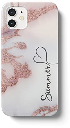 iCaseDesigner Personalised Marble Glitter Flowing Name with Heart Phone Case Compatible with iPhone 13 Pro - 11. White Marble with Faux Rose Gold Sparkle Vertical Name