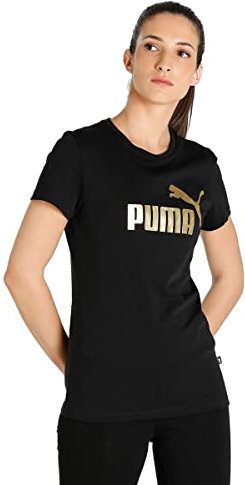 PUMA Damen Essentials+ Metallic Logo T-Shirt Black-Gold Folie, S