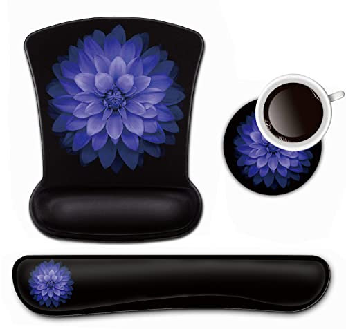 Keyboard Wrist Rest and Mouse Pad Wrist Support Set,Purple Flowers Ergonomic Gel Mouse Pad,Easy Typing Pain Relief, Memory Foam Keyboard Mousepad Set with Coasters