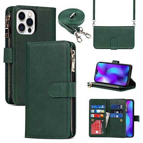Cavor Compatible with iPhone 14 Pro Case With Card Holder With Strap,Flip Leather Crossbody Women Wallet Case,[9 Card Holders][2 Lanyards],Cover Phone Case Compatible with iPhone 14 Pro - Dark Green