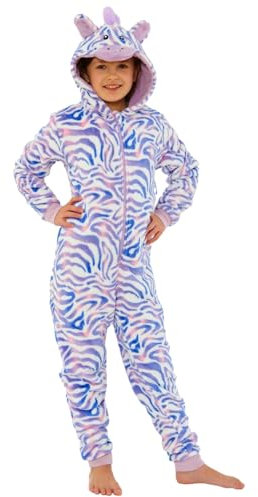 Animal Crazy Onesie Girls Boys Kids Childrens Fleece Onesies Jumpsuit Playsuit One Piece UK Seller - Striped Zebra - 6/7 Years