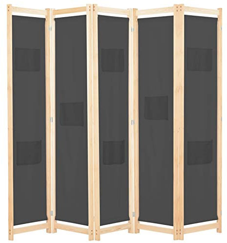 Tidyard 5-teiliger Klappbar Paravent Raumteiler Raumtrenner Dekorative Sichtschutz Holzrahmen - Grau/Braun/Schwarz 200 x 170 x 4 cm Stoff