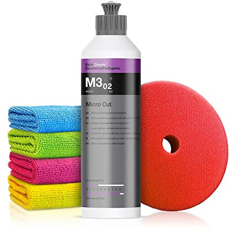 Autopolitur Set: Koch Chemie Micro Cut M3.02 Anti-Hologramm Politur (250ml) - Micro-Schleifpolitur für alle Lacke - Entfernt feine Kratzer - Exzenter oder Rotation - Auto polieren, Politur | 6-teilig
