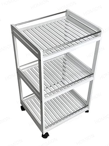 HOMION 3 Tiers Kitchen Cart Island Rolling Dining Wooden Trolley Storage Cabinet Home Wood Compact Storage Trolley Easy Moving Cart with wheels and side Bars Compact Wheelie Camping Trolly White