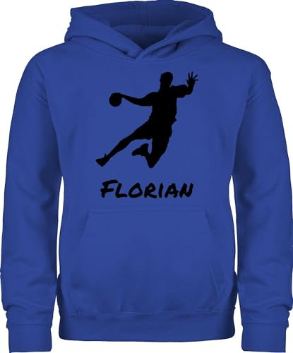Kinder Hoodie Jungen Mädchen - Geschenke Handball - Handballer Silhouette mit Name - 140 (9/11 Jahre) - Royalblau - zubehör personalisiertes Pulli von Pullover wm Kapuzenpulli Junge Jungs