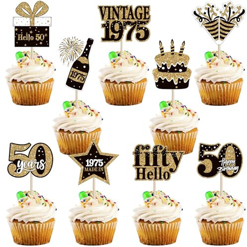 Cupcake-Topper zum 50. Geburtstag, doppelseitig, Schwarz/Gold, Fifty Hello 50 Vintage 1973, Cupcake-Picker Cheers to 50 Years 50 Fabulous Cake Decorations for 50th Birthday Party Supplies