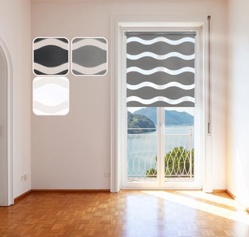 DomDeco Doppelrollo Wave, Grau 85x215cm Duo-Rollo Klemm-Fix mit Klemmträger, Fenster-Rollo/Seitenzug-Rollo ohne Bohren