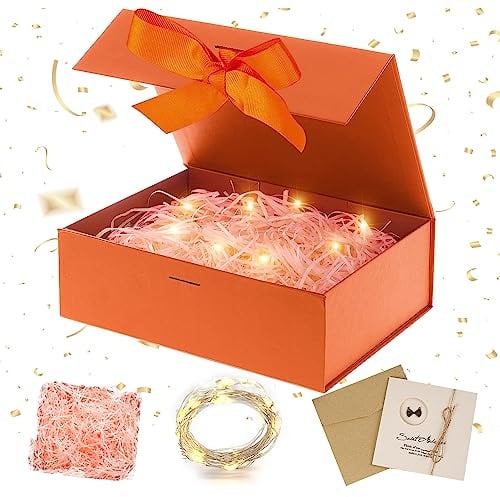 Geschenkbox mit Deckel, Geschenkbox mit Schleifen, Faltbare Geschenkboxs | Geschenkkarton mit Magnetisch, Grußkarten, Raffia Hamper Shreds, LED-Lichterkette, für Hochzeit Geburtstag Weihnachten