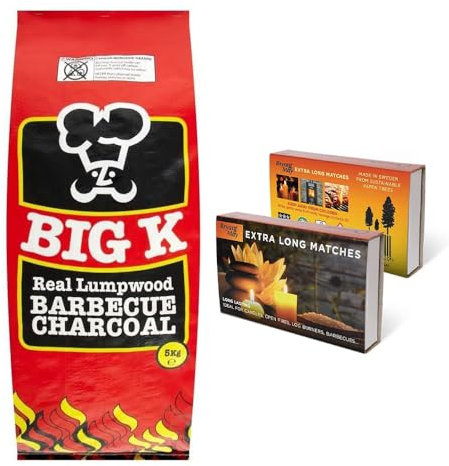 Big K Lumpwood Barbecue Charcoal 5KG Instant Light Charcoal Grill Bags BBQ Coal with 1PK Bryant May Extra Long Matches Match Box for Outdoor Barbecues, Fire Pit, Camping or Picnics