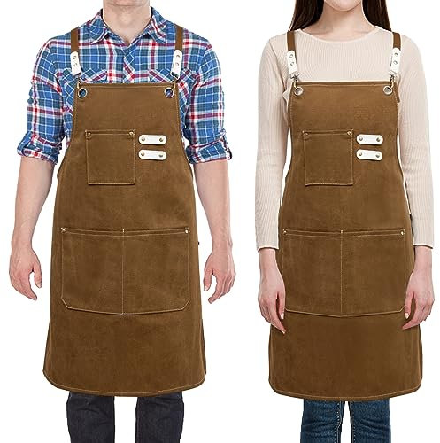 Jowcud Delantales para mujer con bolsillos, delantal de chef para hombre, lona de algodón, impermeable, delantal de espalda cruzada para cocina, Café, Small
