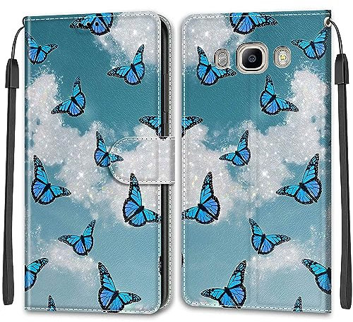 Mo-Beauty Kompatibel mit Samsung Galaxy J7 2016/J710 Hülle, Handyhülle Samsung J7 2016/J710, PU Leder Flip Wallet Klappbar Etui Case Schutzhülle Lederhülle Klapphülle Handytasche (Schmetterling 2)