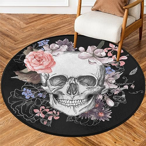Runder Teppich mit Totenkopf-Motiv, 91 cm, kleiner Kreisbereich, weich, rutschfest, waschbar, Bodenmatte, ultradünn, Überwurf, Teppich für Eingangsbereich, Schlafzimmer, Badezimmer, Wohnzimmer